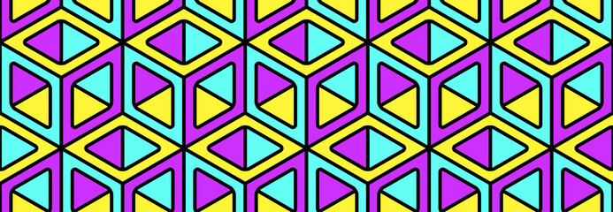 Cubes. Seamless 3D pattern. Electric yellow, pink, turquoise. Optical illusions. Op Art. Template for fabric or wrapping. Modern textile. Psychedelic geometric design. Background. Wallpapers. 3D tiles