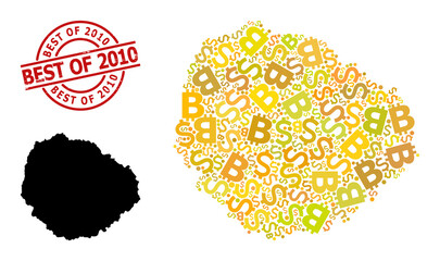 Rubber Best of 2010 seal, and finance mosaic map of La Gomera Island. Red round seal includes Best of 2010 caption inside circle. Map of La Gomera Island mosaic is made with finance, dollar,