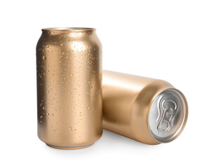 Aluminium cans of beverage on white background