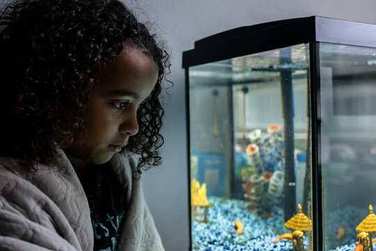 girl with tear stained face peers at dying fish