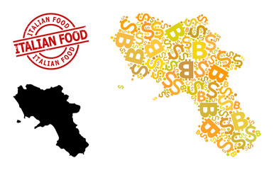 Rubber Italian Food seal, and banking collage map of Campania region. Red round seal contains Italian Food title inside circle. Map of Campania region collage is formed of financial, dollar,