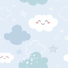 Cute childish seamless pattern with clouds and stars. Print for fabric, children's clothing, wallpaper, packaging. Vector illustration in Scandinavian style.
