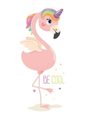 Cute flamingo unicorn with the words BE COOL. Vector illustration.