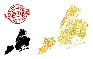 Scratched Saint Louis stamp seal, and bank mosaic map of New York City. Red round stamp seal includes Saint Louis caption inside circle. Map of New York City mosaic is organized with finance, funding,