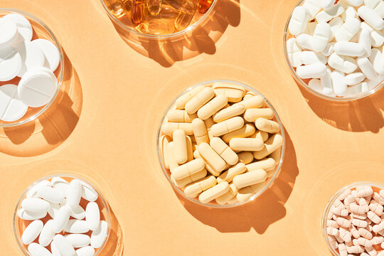 Layout of bowls with various drugs on table