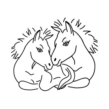 Black outline hand drawing vector illustration of pair of horses lying on a grass isolated on a white background