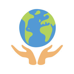 Hands protect the world, Hand holding globe earth. Environmental protection, ecology, Save the world concept. Hand drawn Vector illustration in flat style isolated on white background.