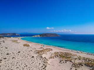 Aerial view of Simos beach in Elafonisos island in Greece. Elafonisos is a small Greek island the Peloponnese with idyllic exotic beaches and crystal clear waters. Laconia, Greece, Europe