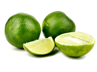 Ripe slice of green lime citrus fruit stand isolated on white background,element of food healthy nutrients and fruit healthy concept	