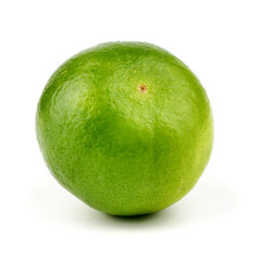 Ripe slice of green lime citrus fruit stand isolated on white background,element of food healthy nutrients and fruit healthy concept	