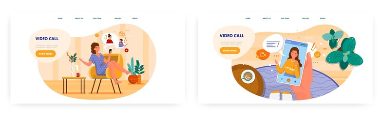 Happy woman talking to her friends over group video call chat. Landing page design, website banner vector template set.