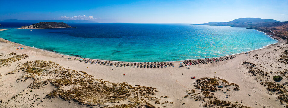 Aerial view of Simos beach in Elafonisos island in Greece. Elafonisos is a small Greek island the Peloponnese with idyllic exotic beaches and crystal clear waters. Laconia, Greece, Europe