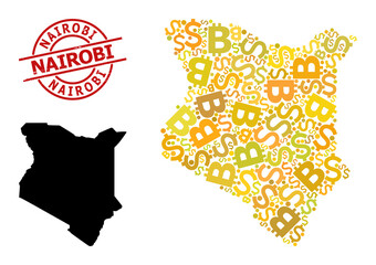Textured Nairobi stamp seal, and finance mosaic map of Kenya. Red round stamp seal contains Nairobi tag inside circle. Map of Kenya mosaic is done of money, funding, bitcoin yellow parts.