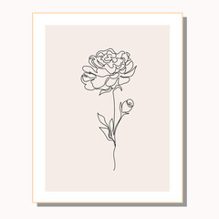 Peony flower in a picture frame. Flower sketch. Minimal style. For interior. Vector illustration.