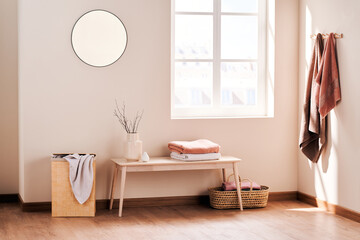 Simple bath bench and laundry baskets.