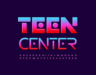 Vector Colorful Logo Teen Center. Modern Bright Font. Artistic Alphabet Letters and Numbers set