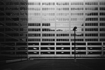 Office space exterior with a parking garage