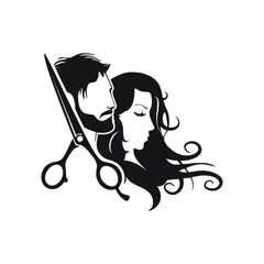 Hairdresser logo, Beauty salon logo with man and woman silhouettes, vector illustration.