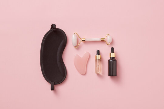 Face roller, bottles, blindfold and eye patch