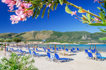 Picturesque sandy beach in Alykanas full of beautiful flowers and plants situated on the east coast of Zakynthos island, Greece.