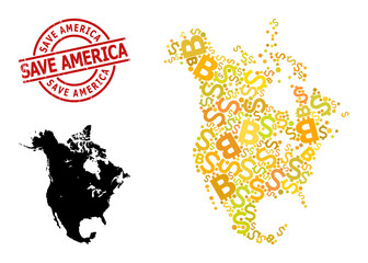 Grunge Save America badge, and finance mosaic map of North America. Red round badge contains Save America text inside circle. Map of North America mosaic is composed with finance, dollar,