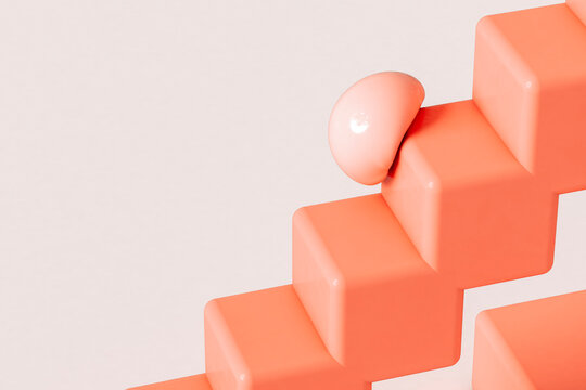 Pink abstract deformed spheres on abstract stairs