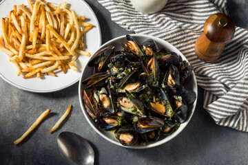 Homemade Moules Frites Mussels and Fries - obrazy, fototapety, plakaty