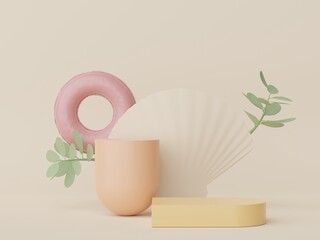 3d render of minimal display podium with summer season background concept. Minimalist pedestal for web banner and mock up.