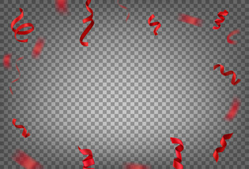 Red flying ribbons on transparent background. Anniversary frame template