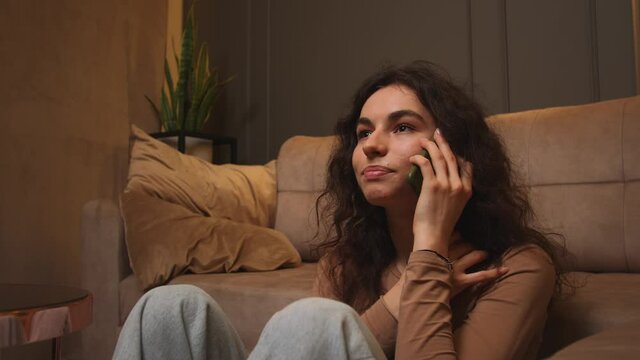 Smiling Woman talking on phone at home. 