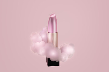 Pink lipstick surrounded by pastel fluffy clouds