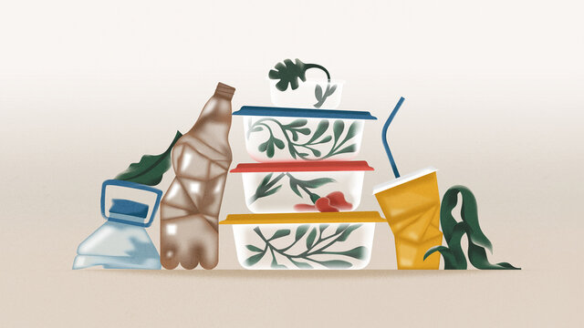 Empty disposable plastic garbage and dead flowers 