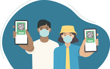 Young vaccinated people using digital health passports. Adult man and woman showing an app in mobile phone. Immunization certificate with qr code on device screen. Green immunity CovPass application. - obrazy, fototapety, plakaty
