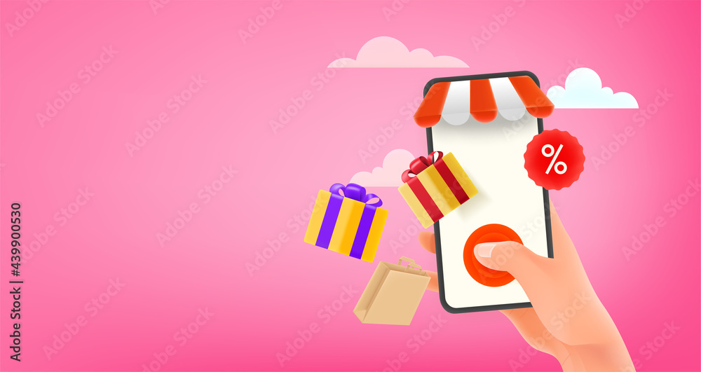 Poster Man making order in online shop. Horizontal banner with copy space