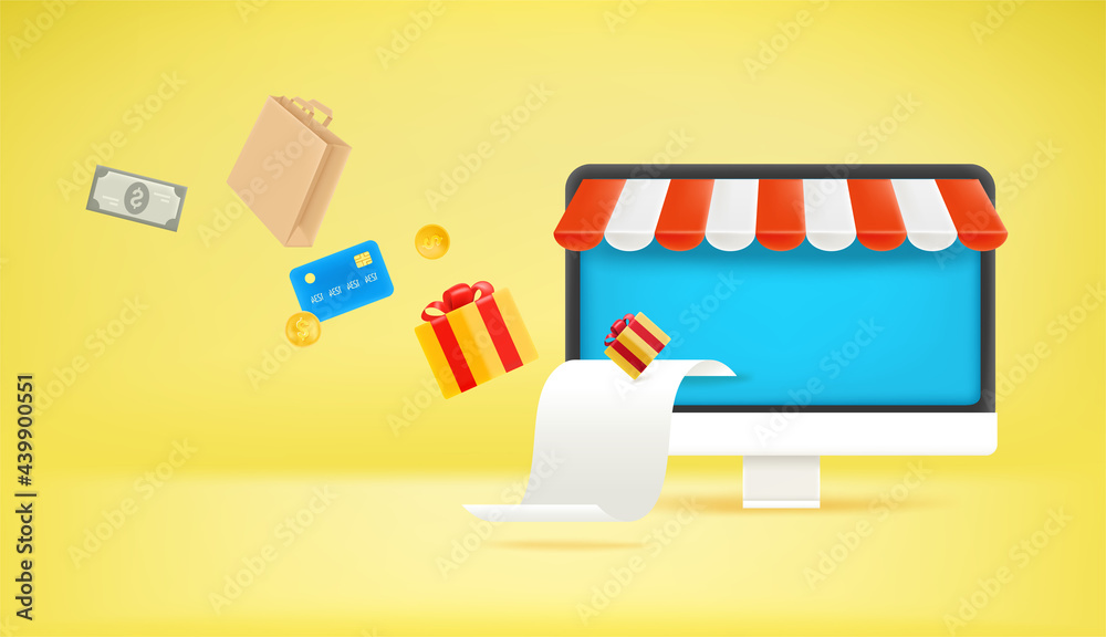 Poster modern computer with paper check. online shopping concept