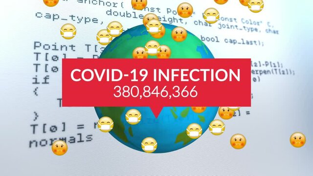 Animation of covid 19 infection with numbers over globe and data processing