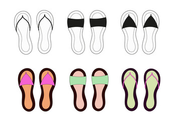 A Set Of Flip-Flops Icons. Colored Summer Slippers. Summer shoes. Vector illustration in black and white and color