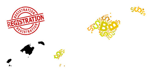 Textured Registration stamp seal, and money mosaic map of Baleares Province. Red round stamp seal has Registration text inside circle. Map of Baleares Province mosaic is constructed from finance,