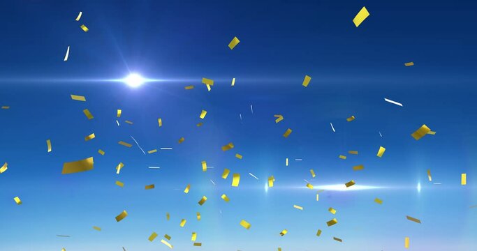 Animation of gold confetti falling over glowing light on blue background