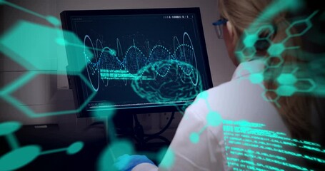 Animation of scientific data processing with molecules over female scientist using computer - Powered by Adobe