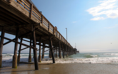 The long wooden pier going to the ocean at Newport Beach.