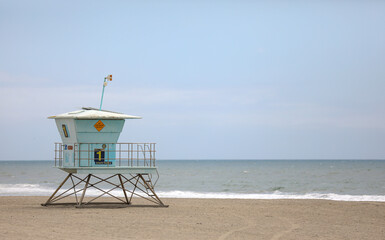 Small blue house, station 1, for the life guards on Ventura Beach.