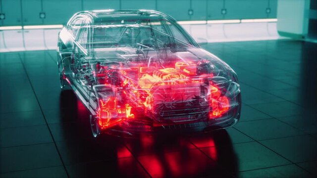 transparent car with engine in laboratory