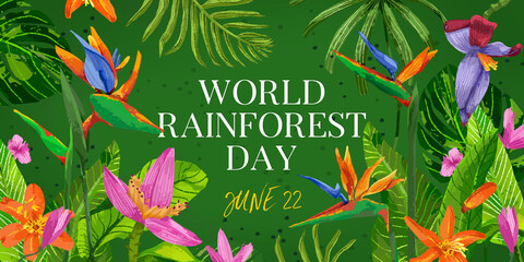 World Rainforest Day. Colorful banner for social media, card, poster. Illustration with text World Rainforest Day, June 22. Tropical forest, jungle, exotic plants on a green background.