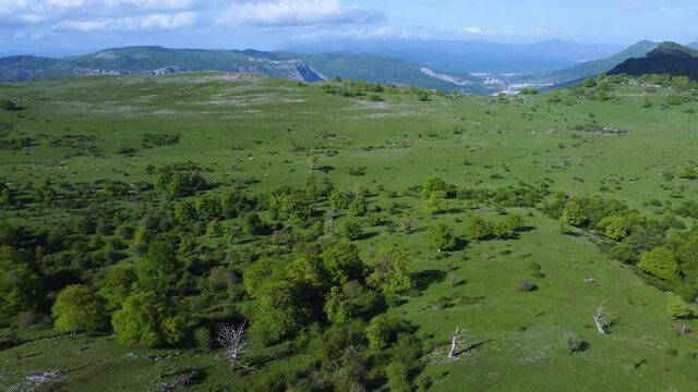 Cromlech de Mendiluze in the Campas de Legaire. Spring landscape in the Sierra de Entzia. Alava province. Basque Country, Spain, Europe