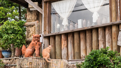 A ginger cat sits next to a ceramic lion-dog Shi-sa figure outside a traditional Okinawan dwelling....