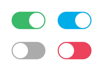 On and Off toggle switch buttons vector. Green, grey, red, blue toggle switch buttons isolated on white background. Buttons slider. Vector illustration
