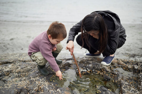 Chinese Mother And Mixed Race Son Play In A Puddle Near The Ocean