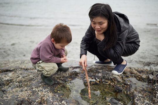 Chinese Mother And Mixed Race Son Play In A Puddle Near The Ocean