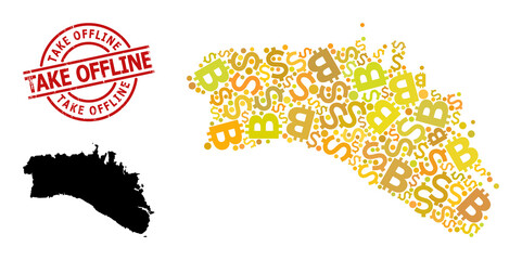 Rubber Take Offline seal, and money mosaic map of Menorca Island. Red round stamp contains Take Offline text inside circle. Map of Menorca Island mosaic is created with money, dollar, BTC god parts.